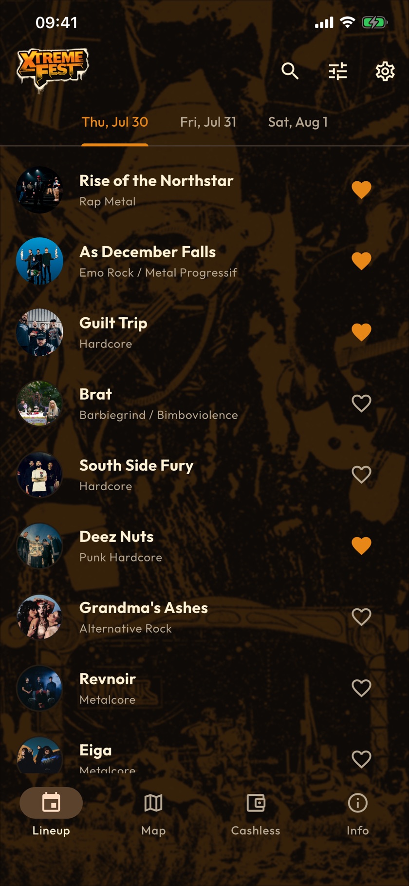 App screenshot: the concert schedule