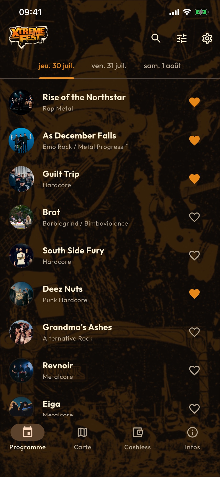 Capture d'écran de l'app : le programme des concerts