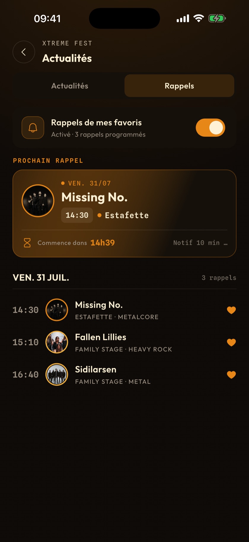 Capture d'écran de l'app : les rappels et alertes